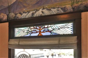 Stained glass of tree with wings